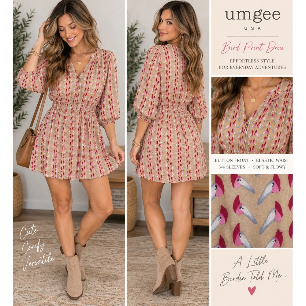 Umgee Dress Tan Pink Grey Geometric Print Boho Elastic Waist Medium